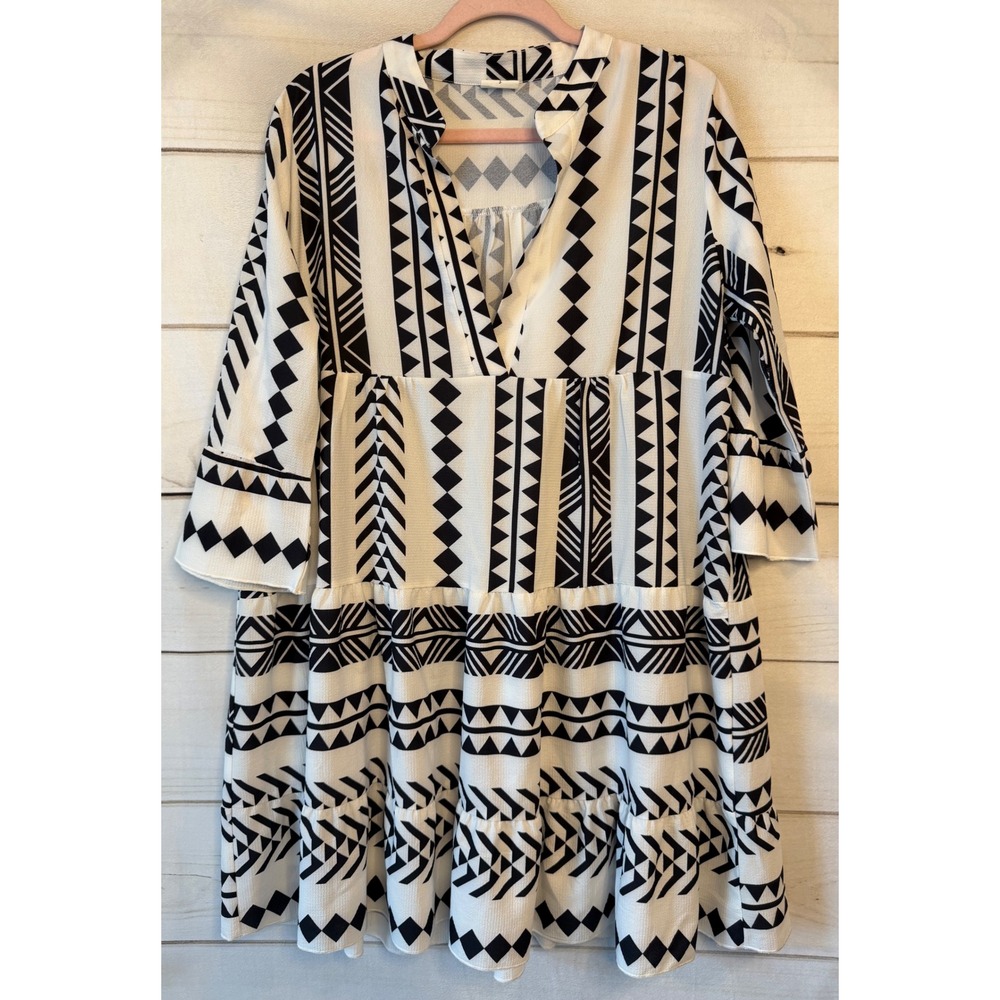 Silk & Salt Womens Small Black White Geometric Tribal Tiered Mini Dress V-Neck